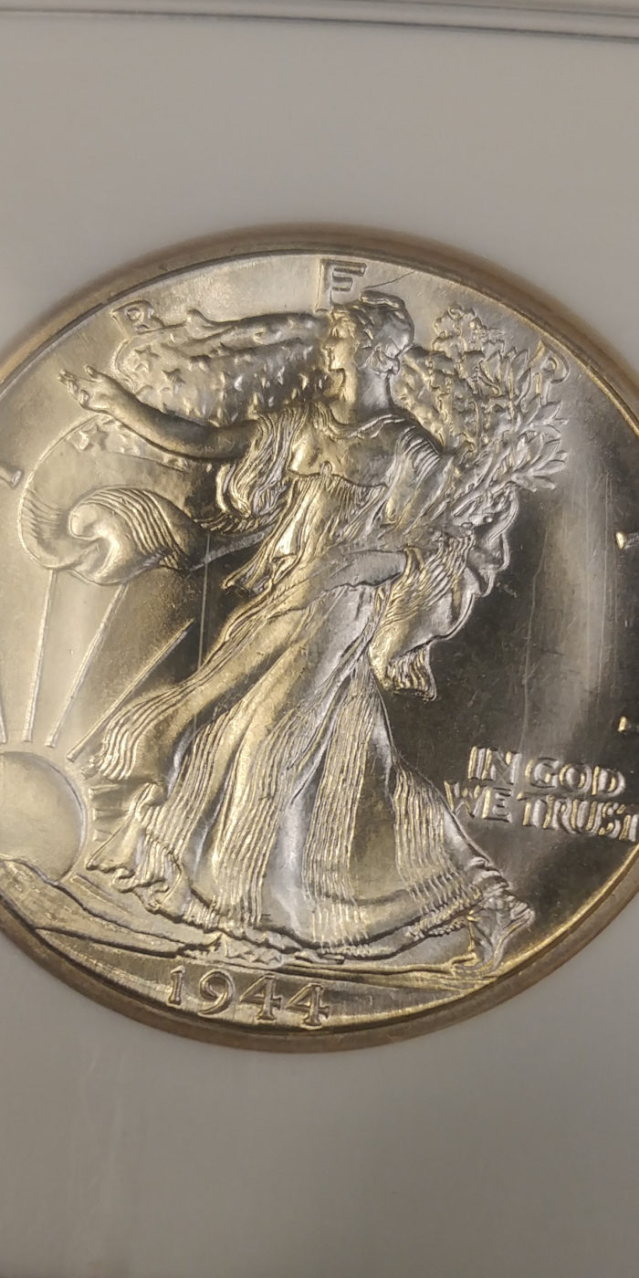 Coin Photography Set Up - Certified Lustrous Coin: 1944-D Walking Liberty Half Dollar, Obverse