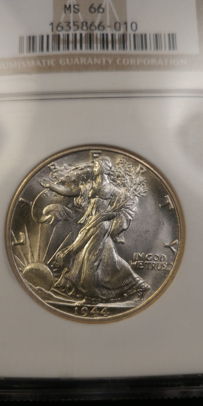Coin Photography Set Up - Certified Lustrous Coin: 1944-D Walking Liberty Half Dollar, Obverse with NGC Slab